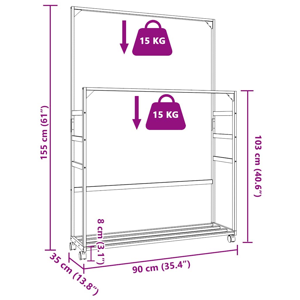 Kleiderständer Mit Ablagen Und Rollen 90X35X155 Cm Bambus