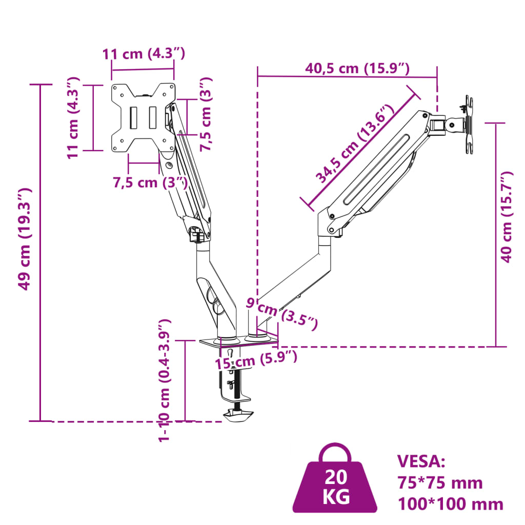 Doppel-Monitorarm Für Max 27 Zoll Gasfeder 20 Kg