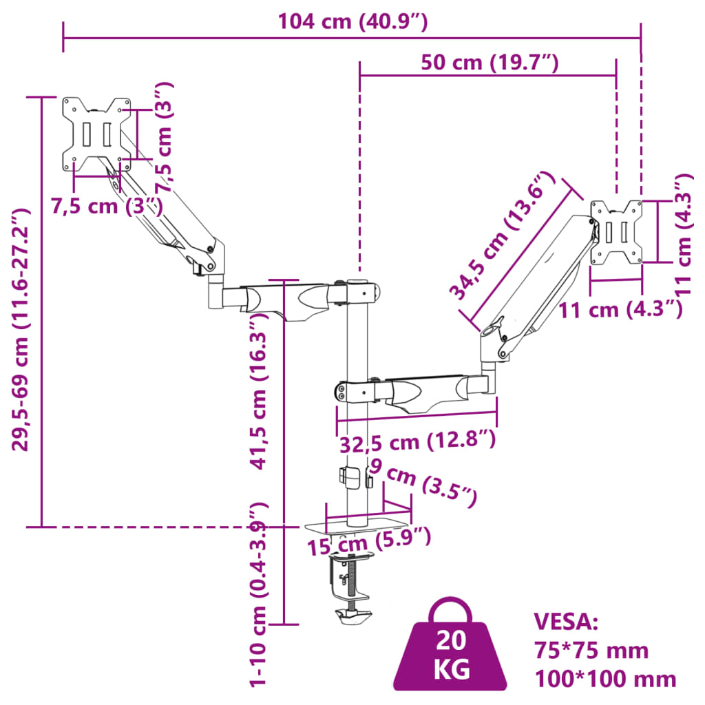 Doppel-Monitorarm Für Max 27 Zoll Gasfeder 20 Kg