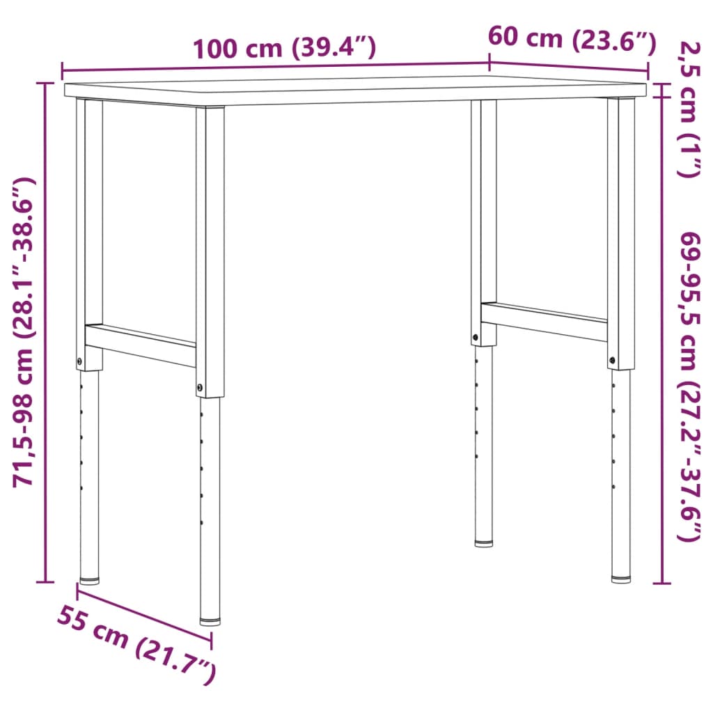 Werkbank Dunkelbraun 100X60X(71,5-98) Cm Massivholz Eiche