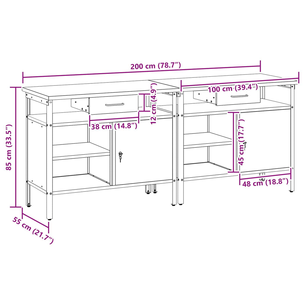 Werkbank-Set Mit Schubladen 2 Pcs Und Grau 200 X 55 X 85 Cm