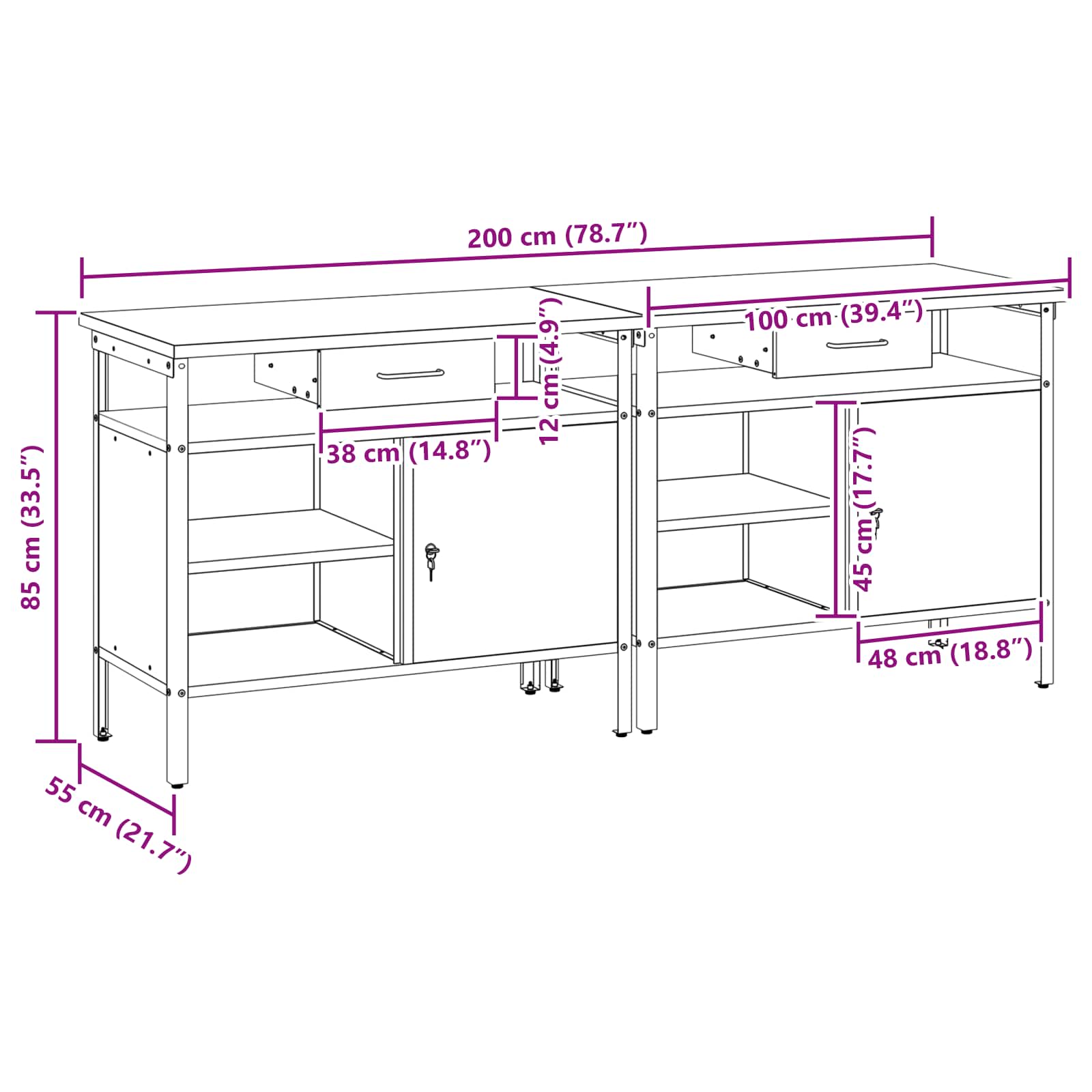 Werkbank-Set Mit Schubladen 2 Pcs Und Grau 200 X 55 X 85 Cm