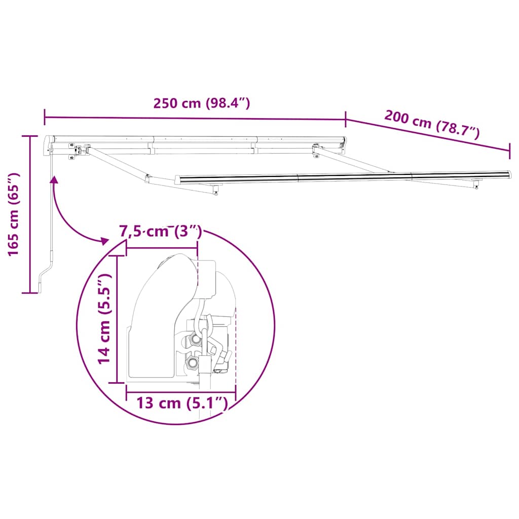 Einziehbare Markise Anthrazit 250 X 200 Cm Stoff Anthrazit (Weißer Rahmen)