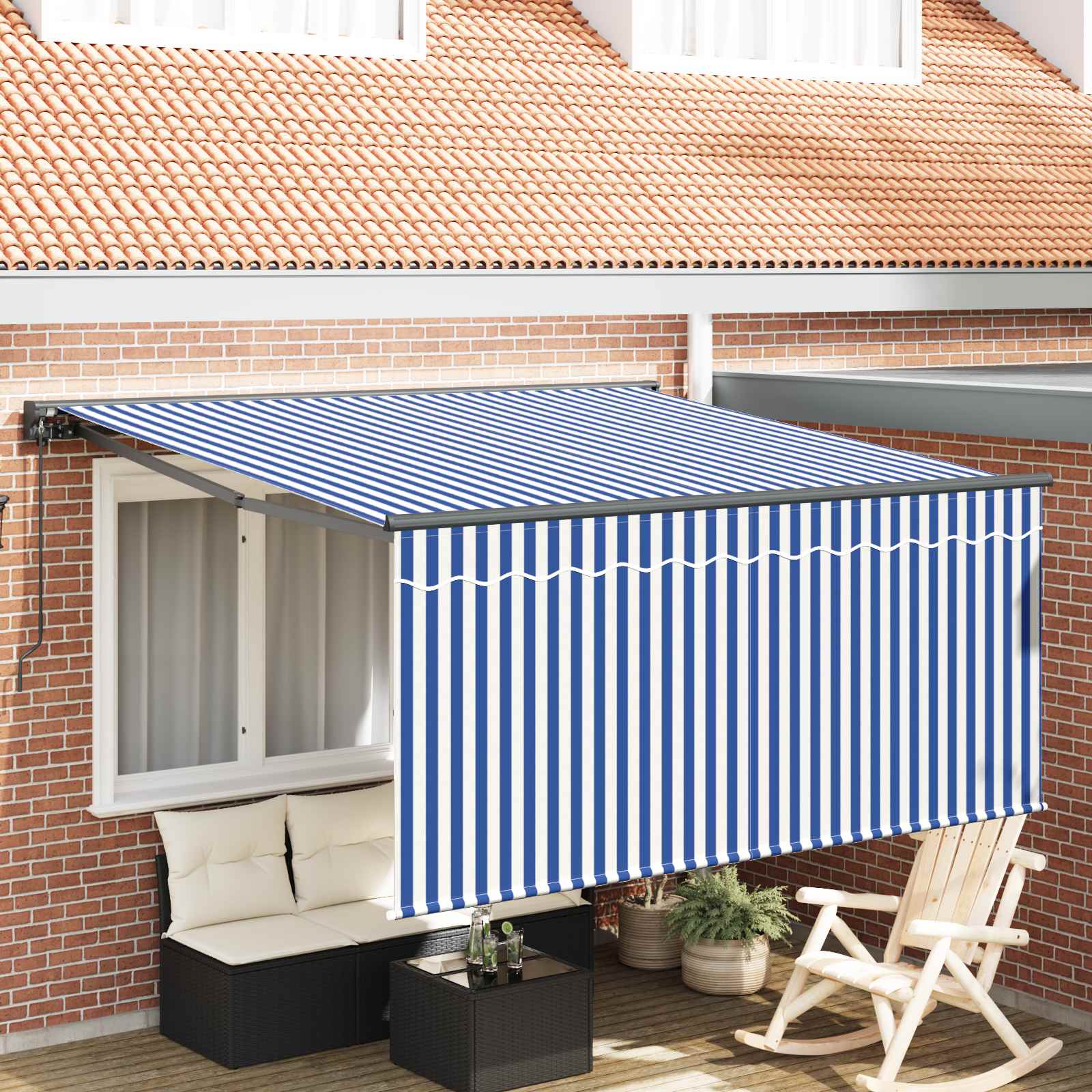 Einziehbare Markise Blau Und Weiß 300 X 250 Cm Blau Und Weiß (Rahmen Anthrazit)