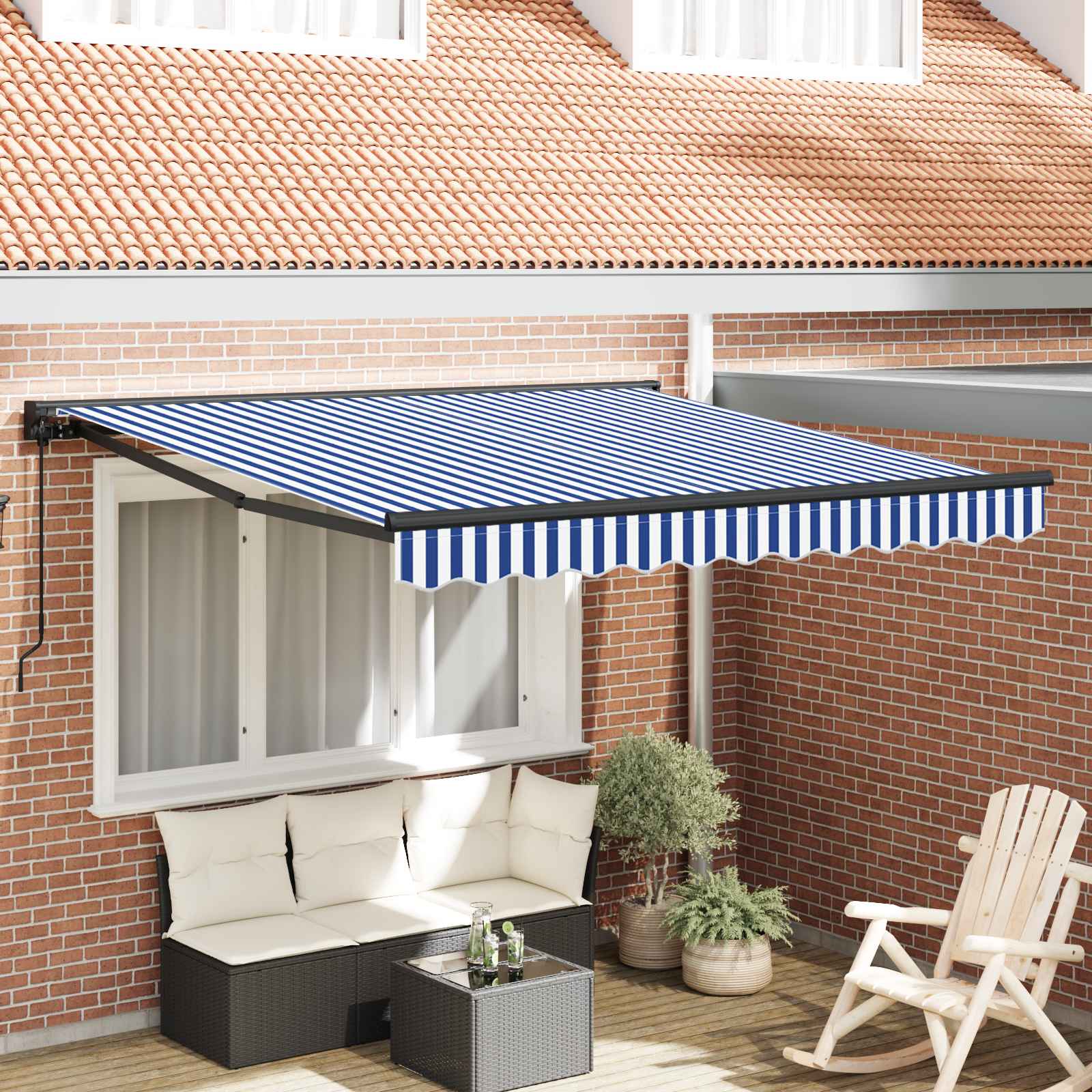 Einziehbare Markise Blau Und Weiß 350 X 250 Cm Blau Und Weiß (Rahmen Anthrazit)