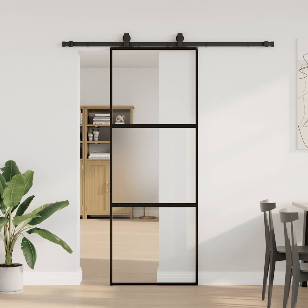 Schiebetür Mit Beschlag Schwarz 76X205 Cm Hartglas Black, Matt And Transparent