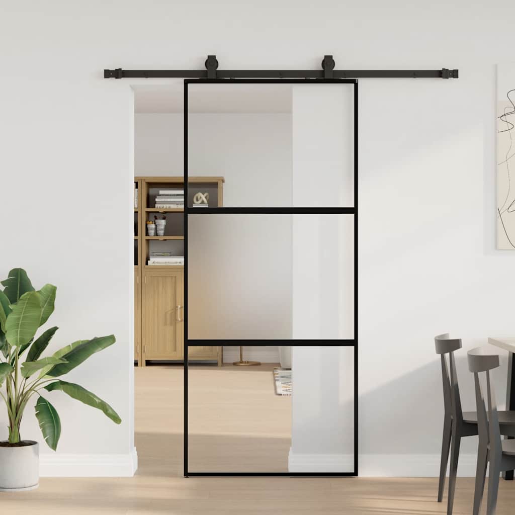 Schiebetür Mit Beschlag Schwarz 76X205 Cm Hartglas Black, Matt And Transparent