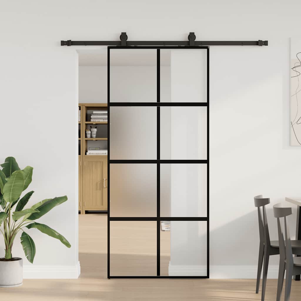 Schiebetür Mit Beschlag Schwarz 90X205 Cm Hartglas Black, Matt And Transparent