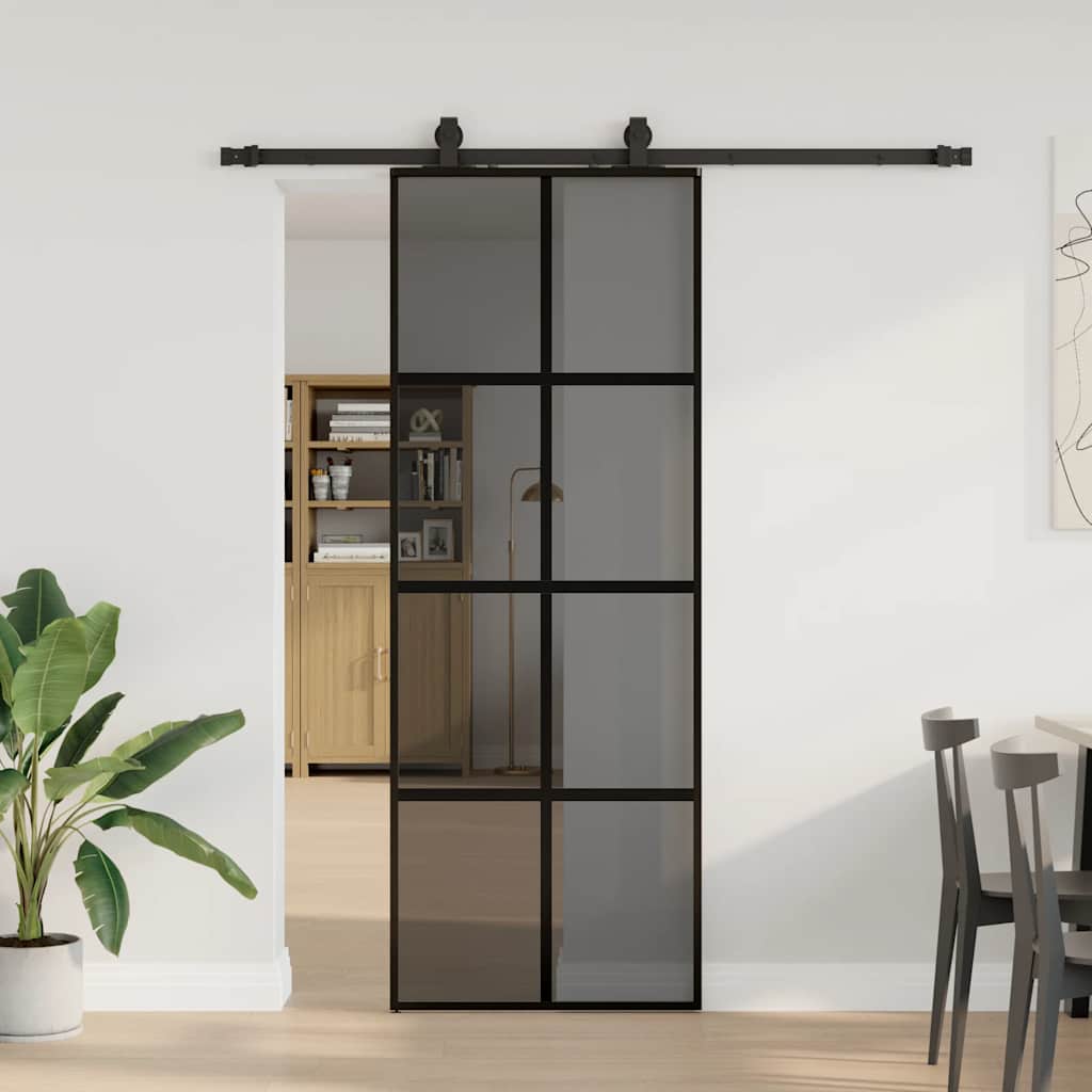 Schiebetür Mit Beschlag Schwarz 90X205 Cm Hartglas Schwarz Und Dunkel-Transparent