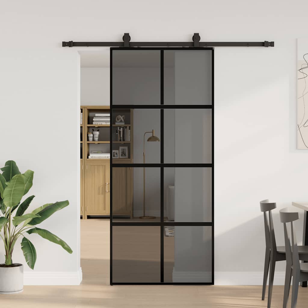 Schiebetür Mit Beschlag Schwarz 90X205 Cm Hartglas Schwarz Und Dunkel-Transparent
