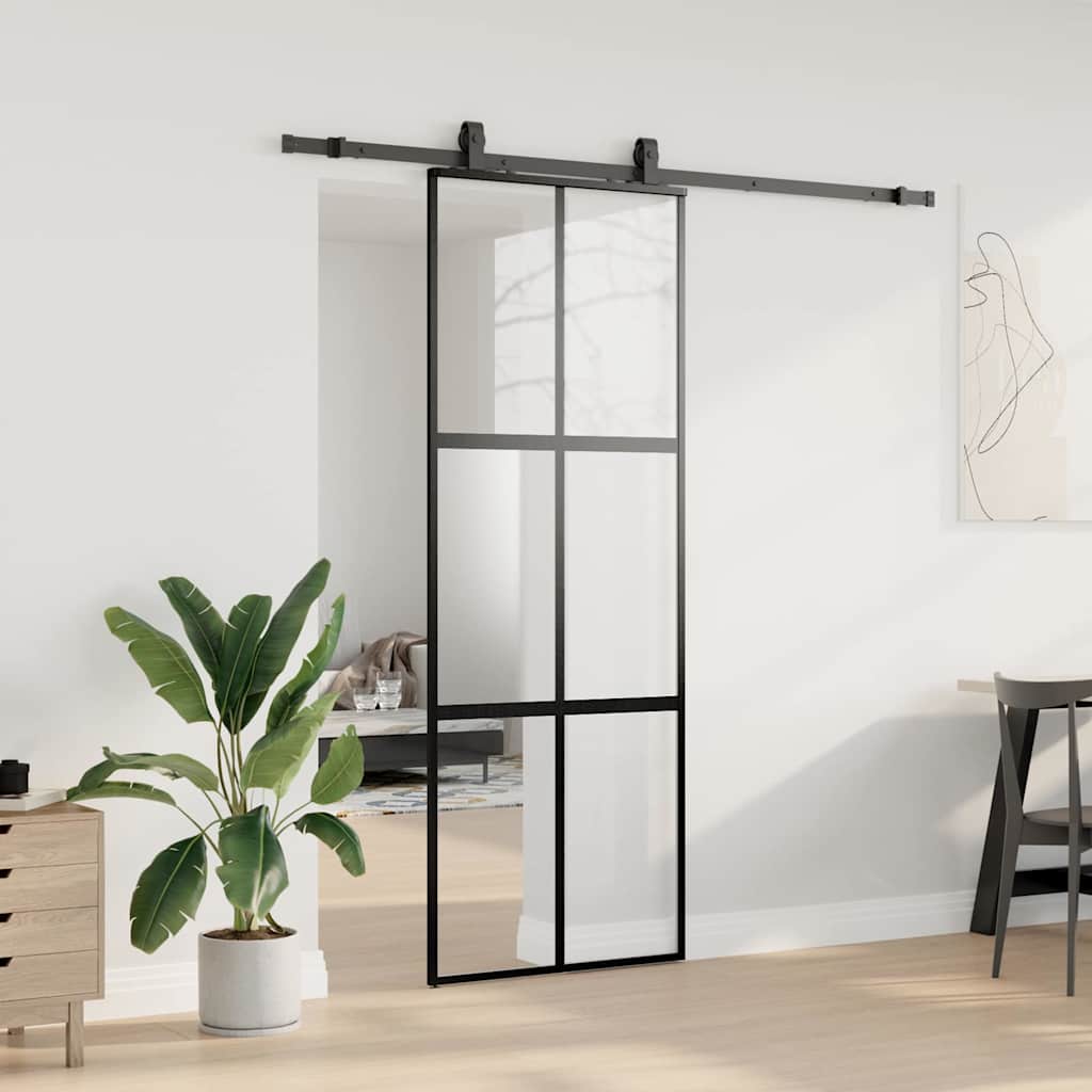 Schiebetür Mit Beschlag Schwarz 76X205 Cm Hartglas Black, Matt And Transparent