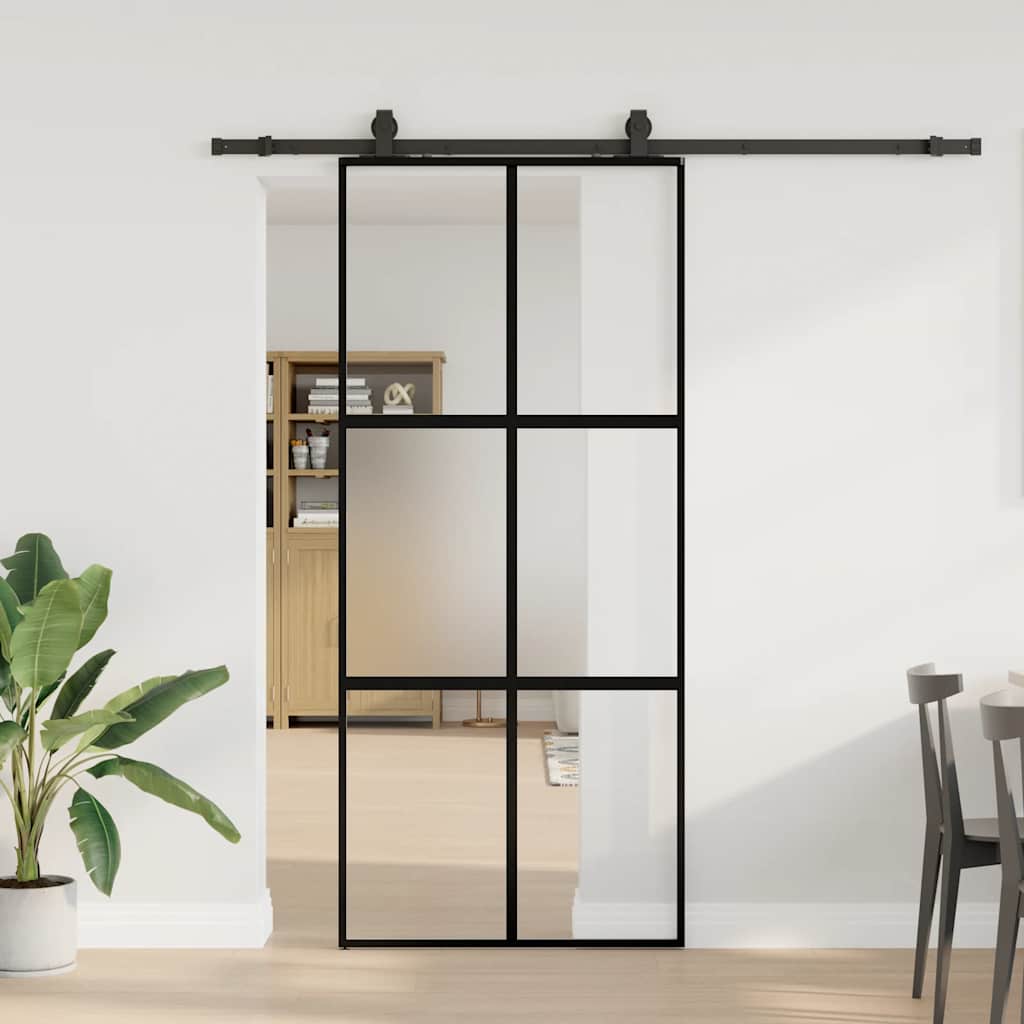 Schiebetür Mit Beschlag Schwarz 76X205 Cm Hartglas Black, Matt And Transparent