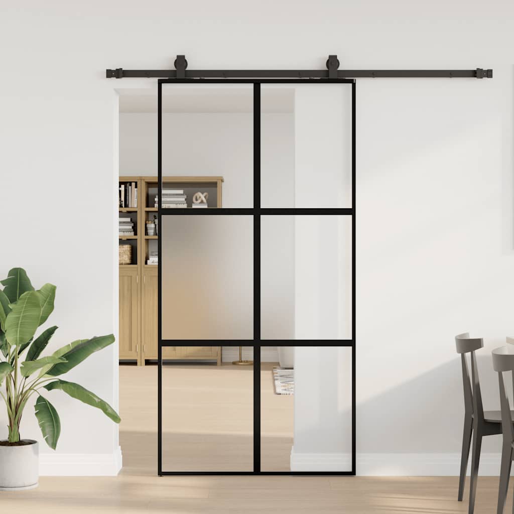 Schiebetür Mit Beschlag Schwarz 76X205 Cm Hartglas Black, Matt And Transparent