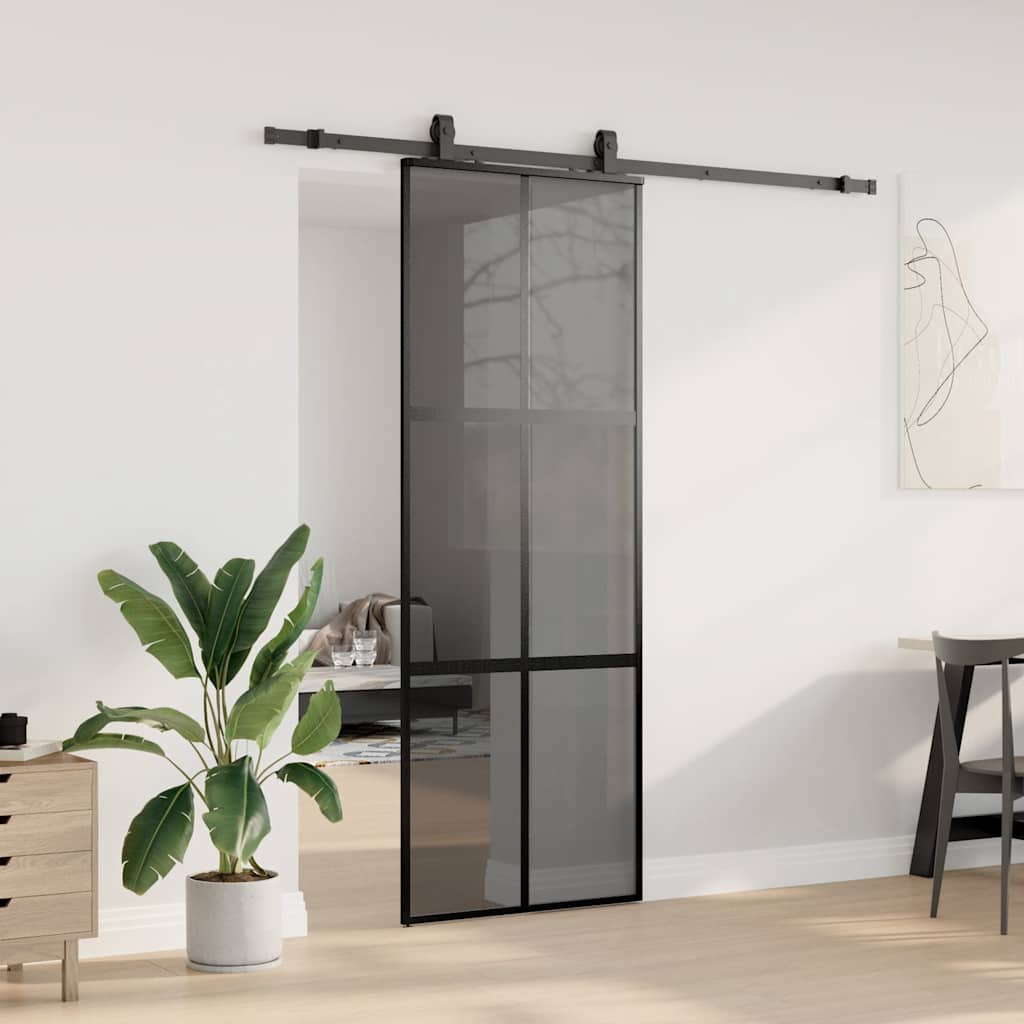 Schiebetür Mit Beschlag Schwarz 76X205 Cm Hartglas Schwarz Und Dunkel-Transparent