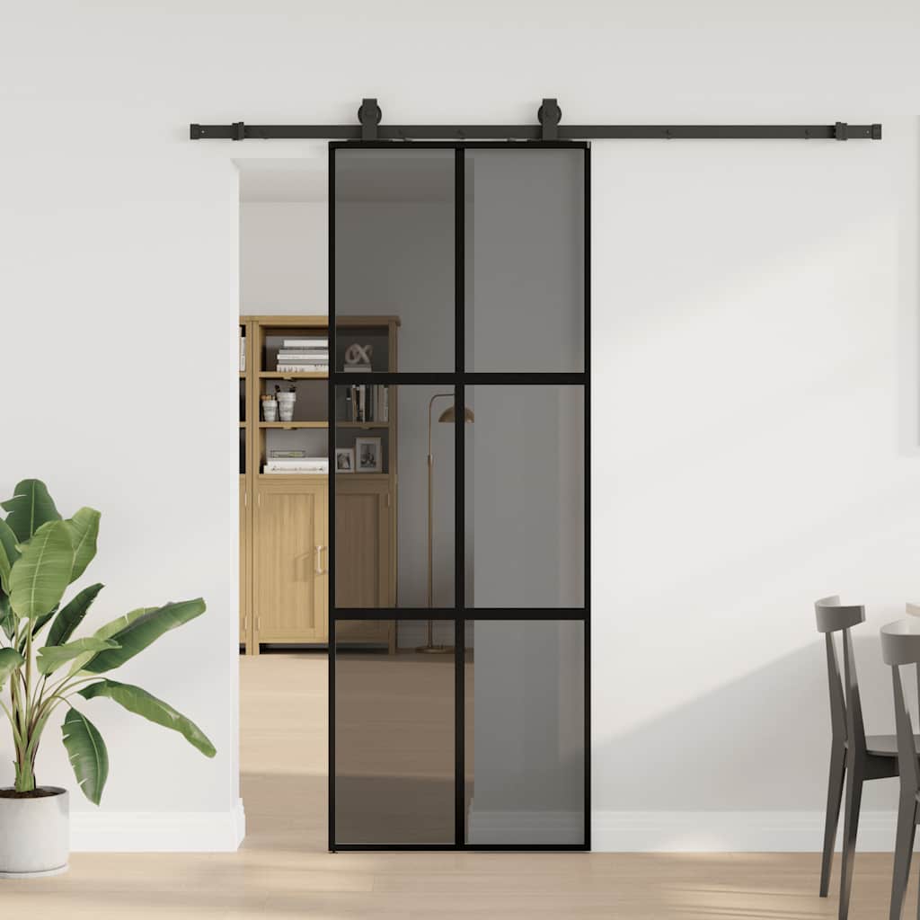 Schiebetür Mit Beschlag Schwarz 76X205 Cm Hartglas Schwarz Und Dunkel-Transparent