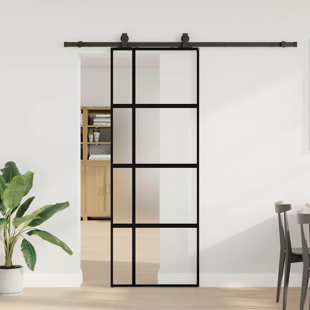 Schiebetür Mit Beschlag Schwarz 90X205 Cm Hartglas Black, Matt And Transparent