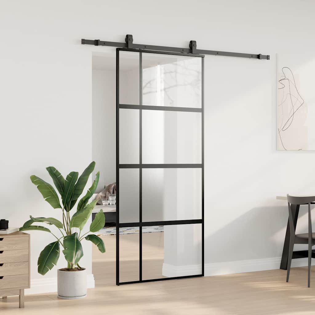 Schiebetür Mit Beschlag Schwarz 90X205 Cm Hartglas Black, Matt And Transparent
