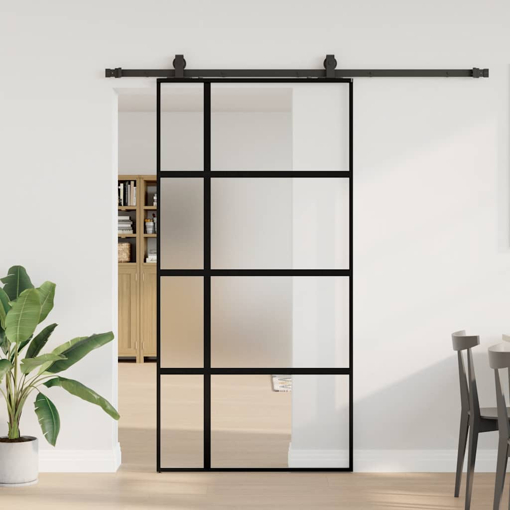 Schiebetür Mit Beschlag Schwarz 90X205 Cm Hartglas Black, Matt And Transparent