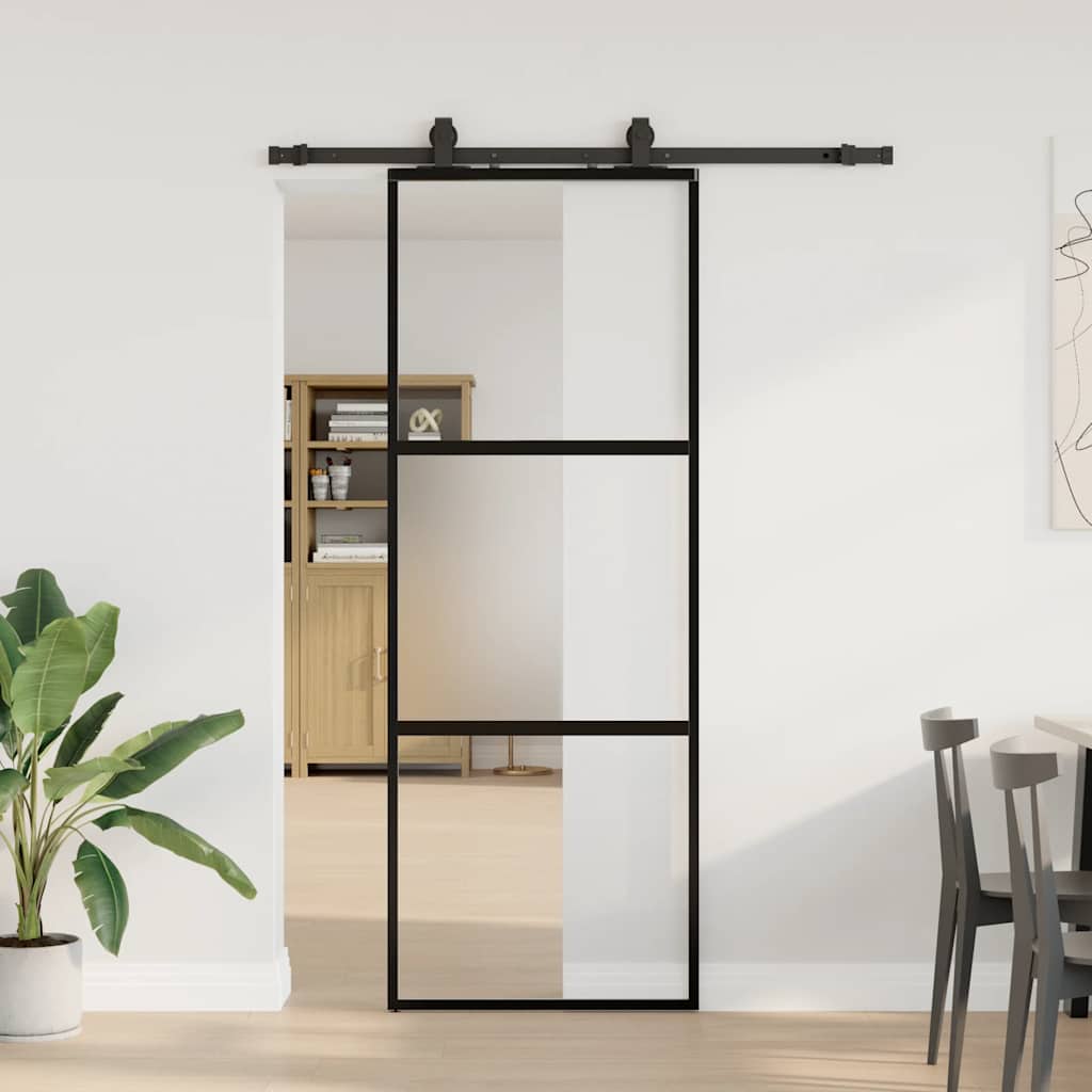 Schiebetür Mit Beschlag Schwarz 76X205 Cm Hartglas Black, Matt And Transparent
