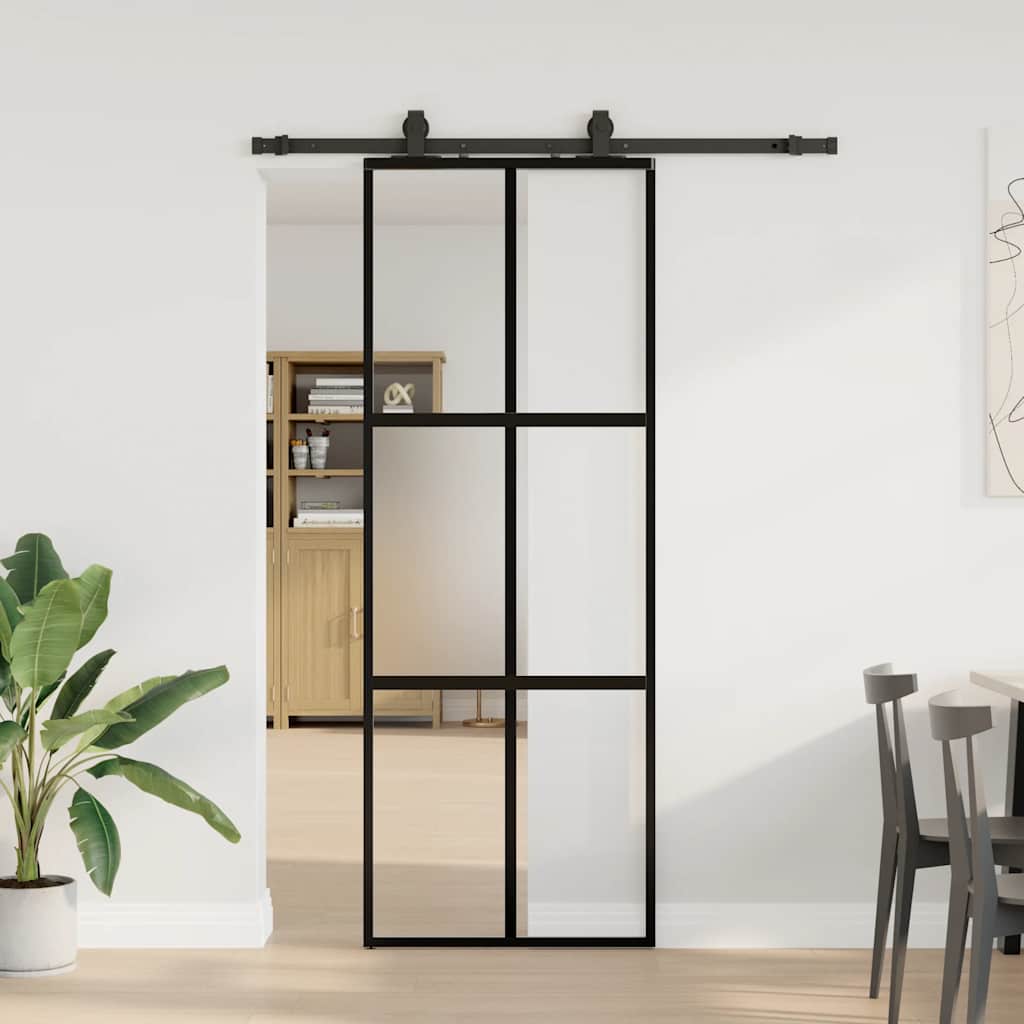 Schiebetür Mit Beschlag Schwarz 76X205 Cm Hartglas Black, Matt And Transparent
