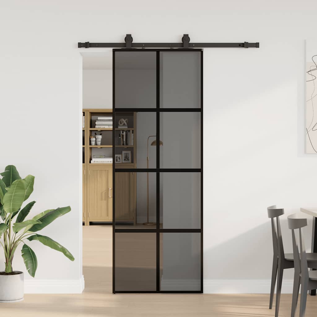 Schiebetür Mit Beschlag Schwarz 90X205 Cm Hartglas Schwarz Und Dunkel-Transparent