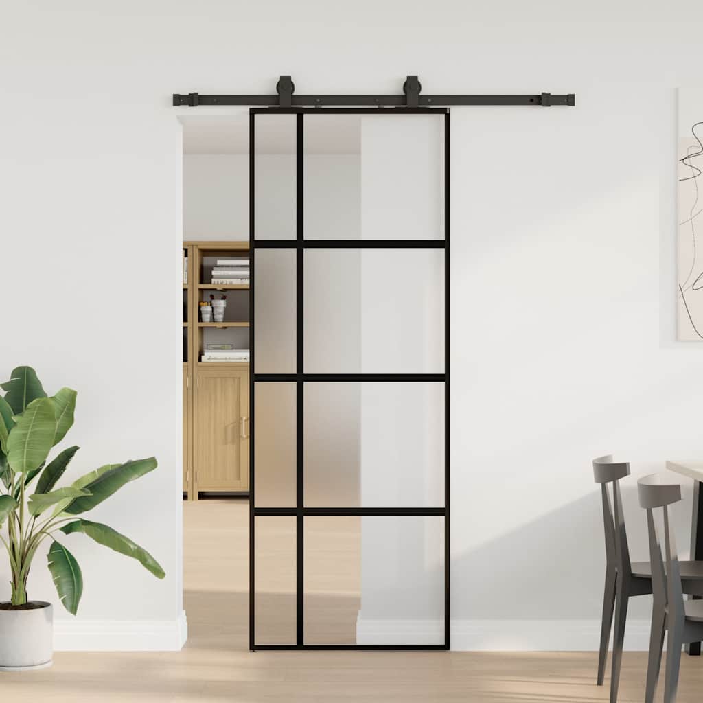 Schiebetür Mit Beschlag Schwarz 90X205 Cm Hartglas Black, Matt And Transparent