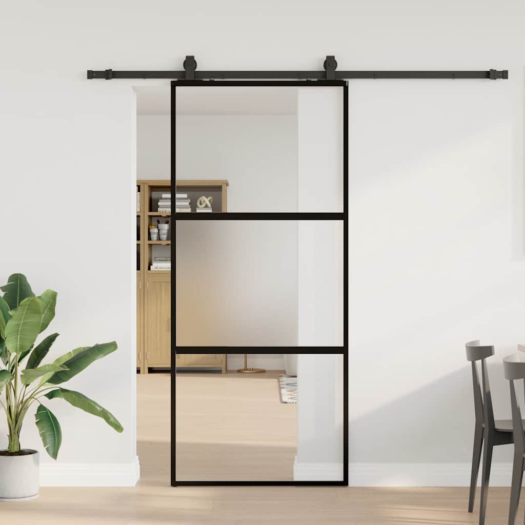 Schiebetür Mit Beschlag Schwarz 76X205 Cm Hartglas Black, Matt And Transparent