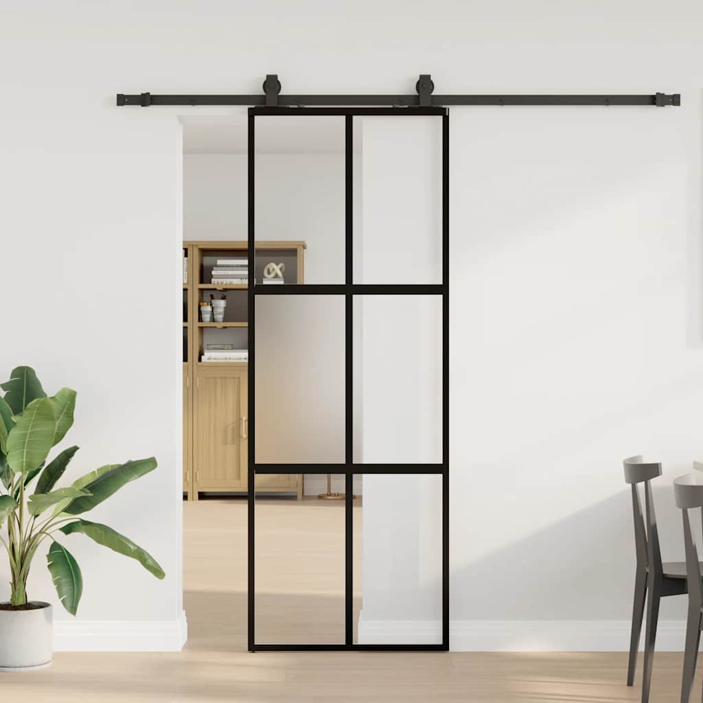 Schiebetür Mit Beschlag Schwarz 76X205 Cm Hartglas Black, Matt And Transparent