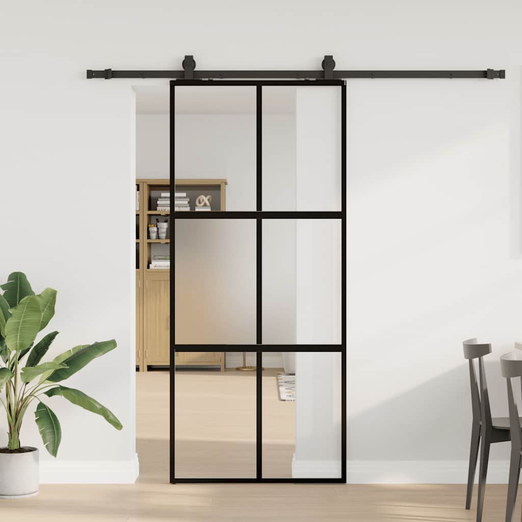 Schiebetür Mit Beschlag Schwarz 76X205 Cm Hartglas Black, Matt And Transparent