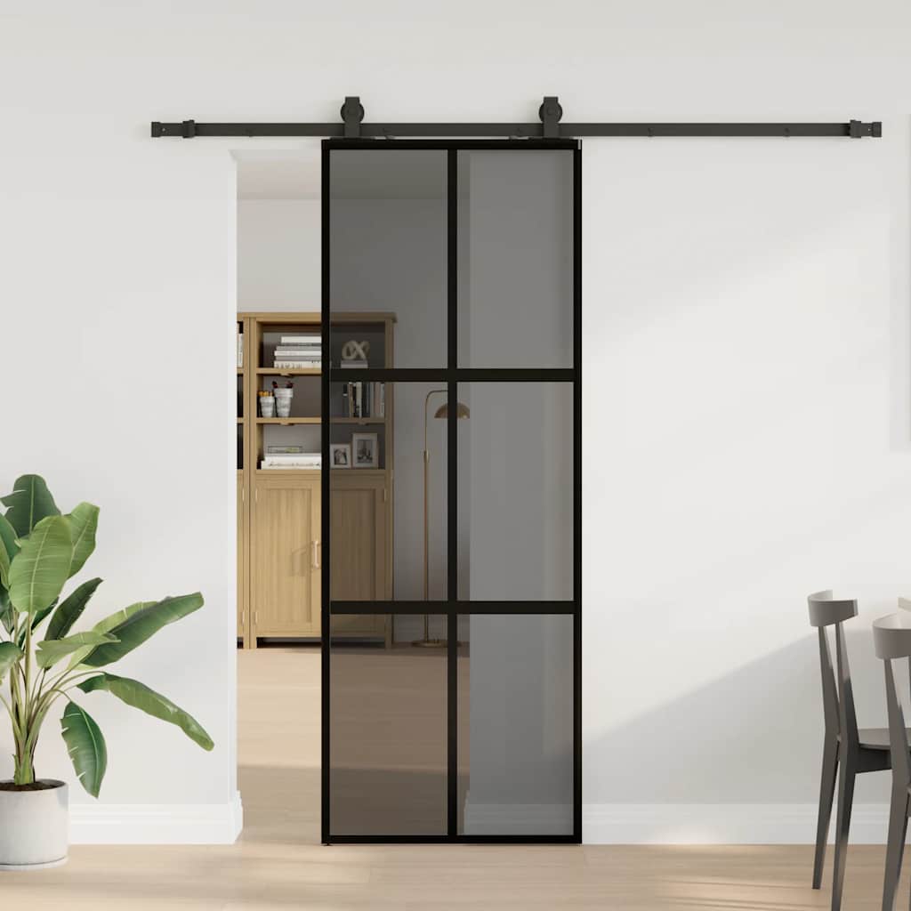 Schiebetür Mit Beschlag Schwarz 76X205 Cm Hartglas Schwarz Und Dunkel-Transparent