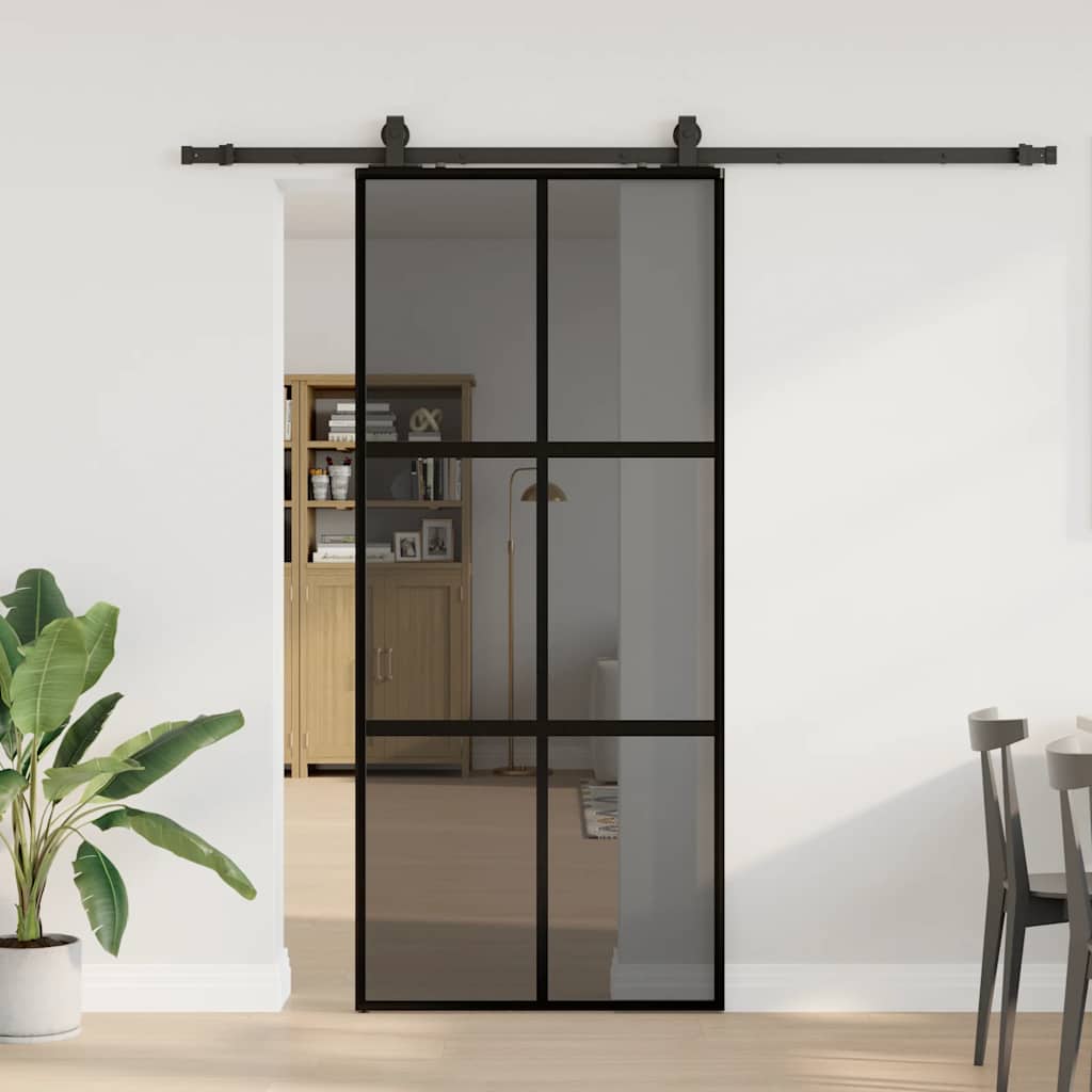 Schiebetür Mit Beschlag Schwarz 76X205 Cm Hartglas Schwarz Und Dunkel-Transparent