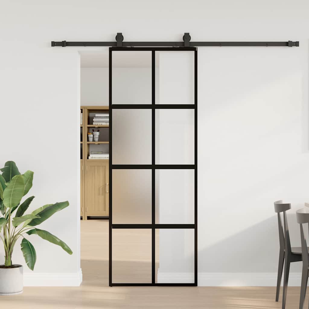 Schiebetür Mit Beschlag Schwarz 90X205 Cm Hartglas Black, Matt And Transparent