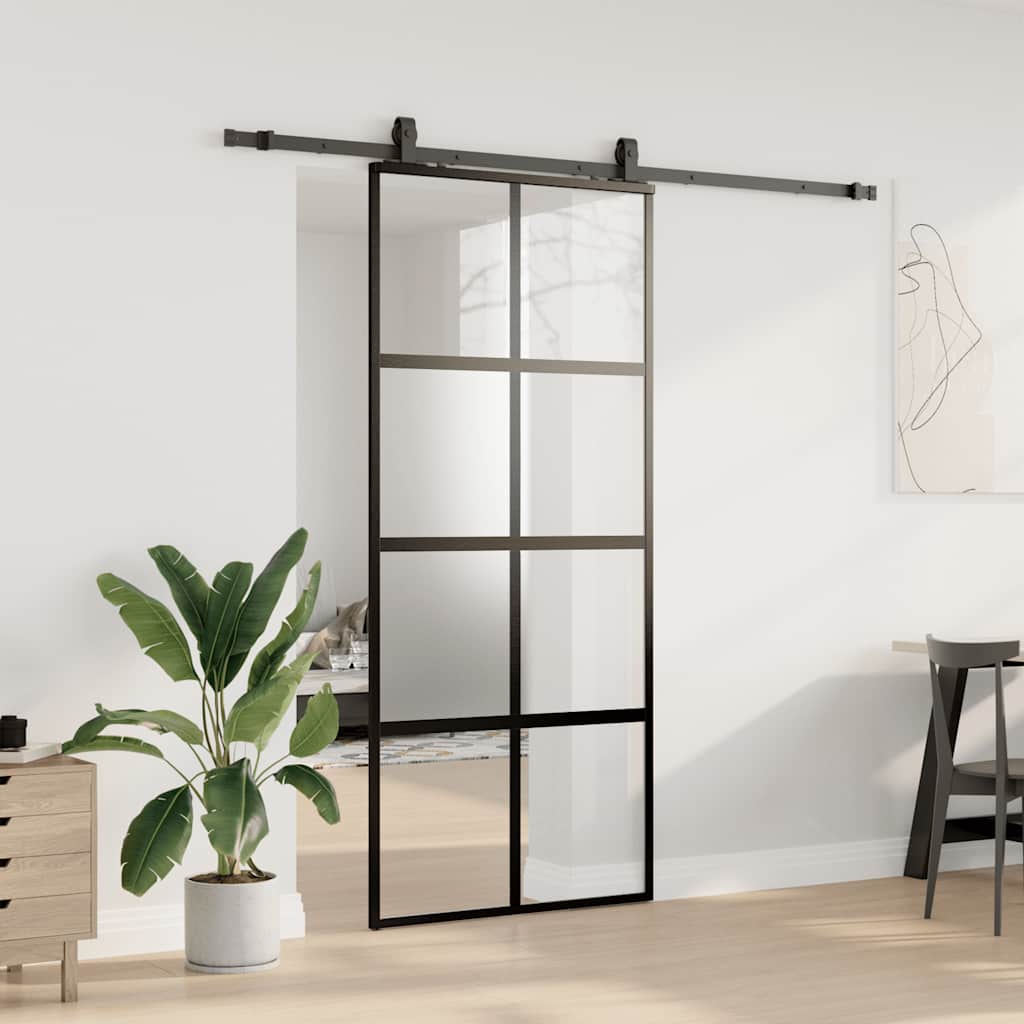 Schiebetür Mit Beschlag Schwarz 90X205 Cm Hartglas Black, Matt And Transparent