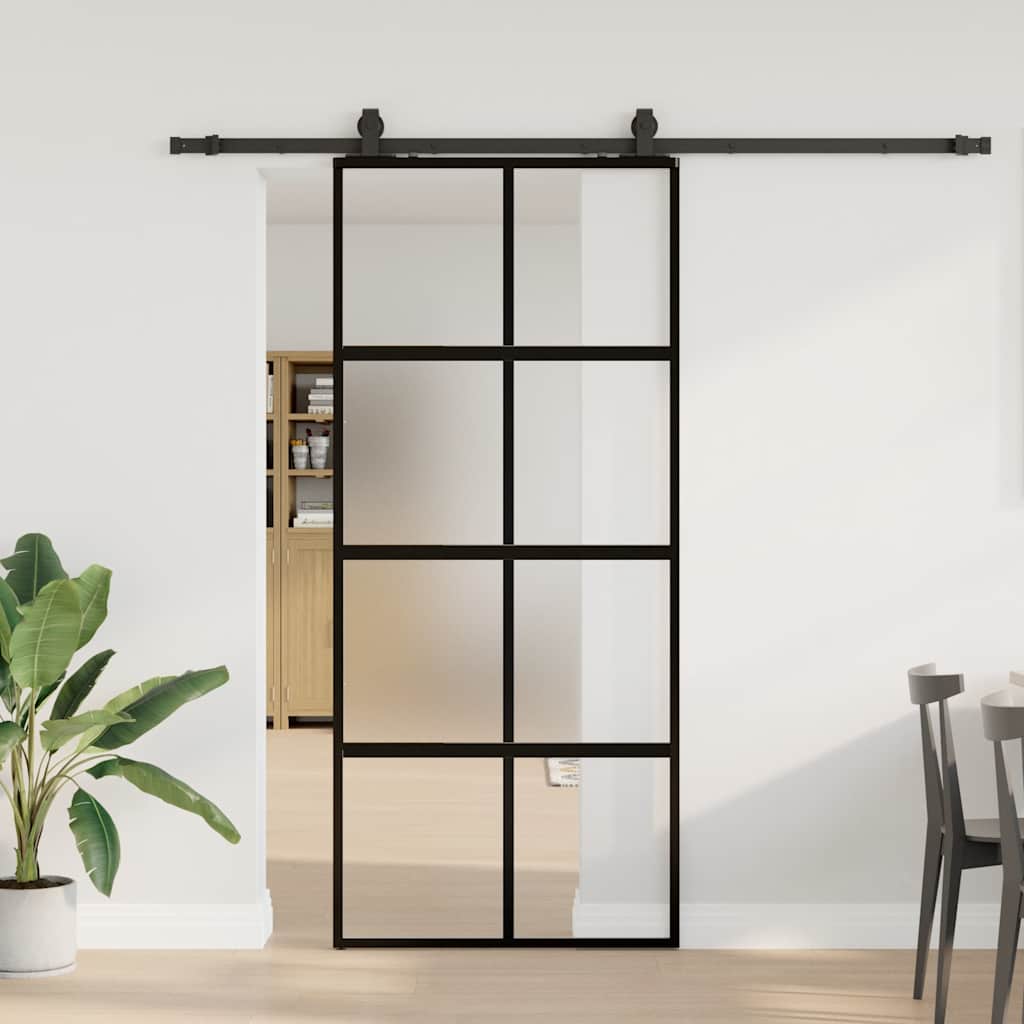 Schiebetür Mit Beschlag Schwarz 90X205 Cm Hartglas Black, Matt And Transparent
