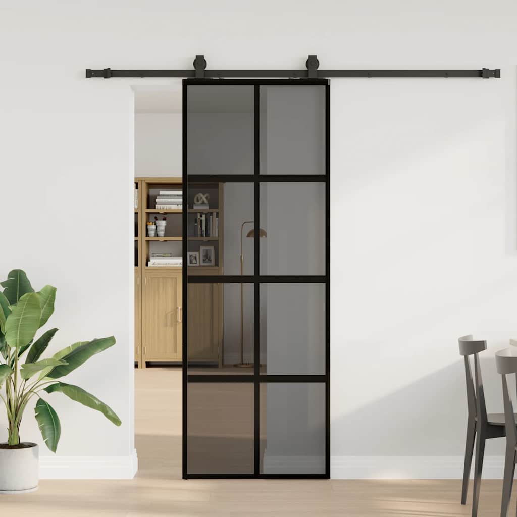 Schiebetür Mit Beschlag Schwarz 90X205 Cm Hartglas Schwarz Und Dunkel-Transparent