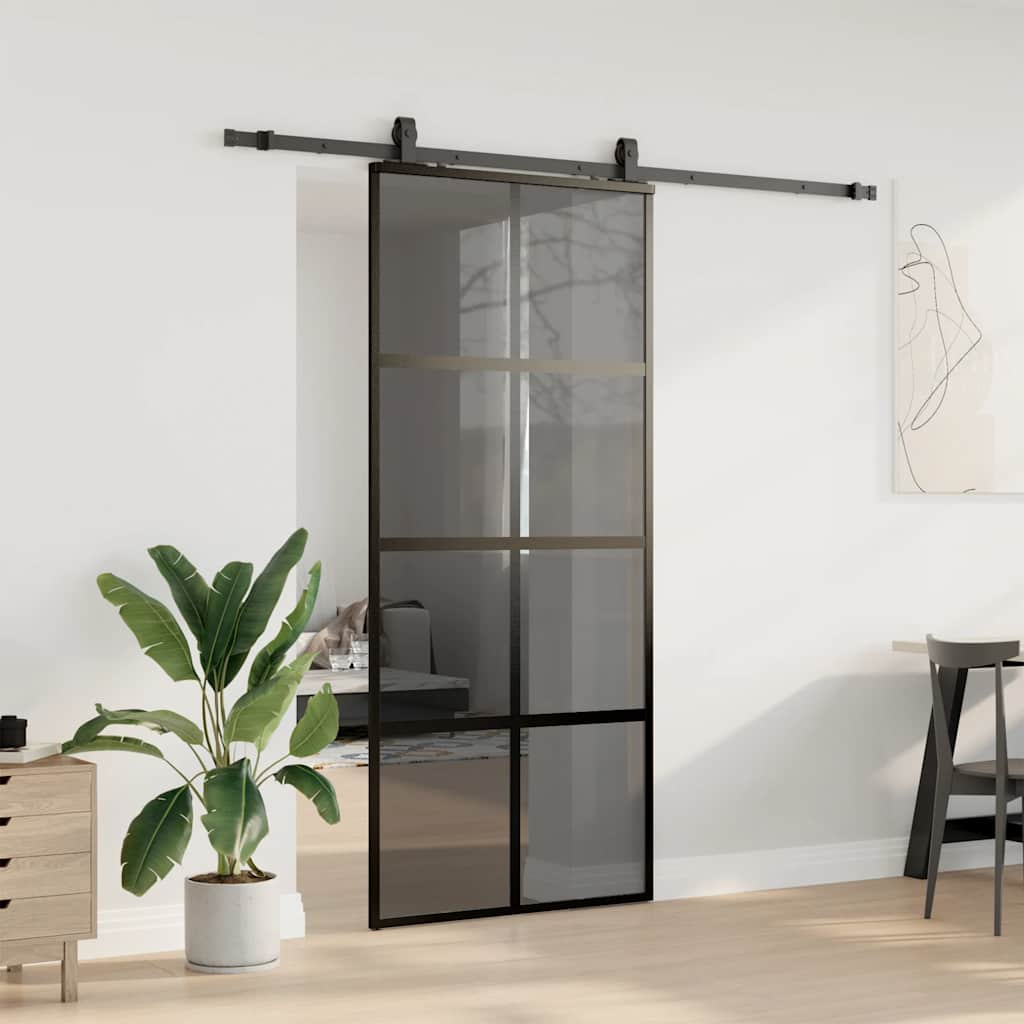 Schiebetür Mit Beschlag Schwarz 90X205 Cm Hartglas Schwarz Und Dunkel-Transparent