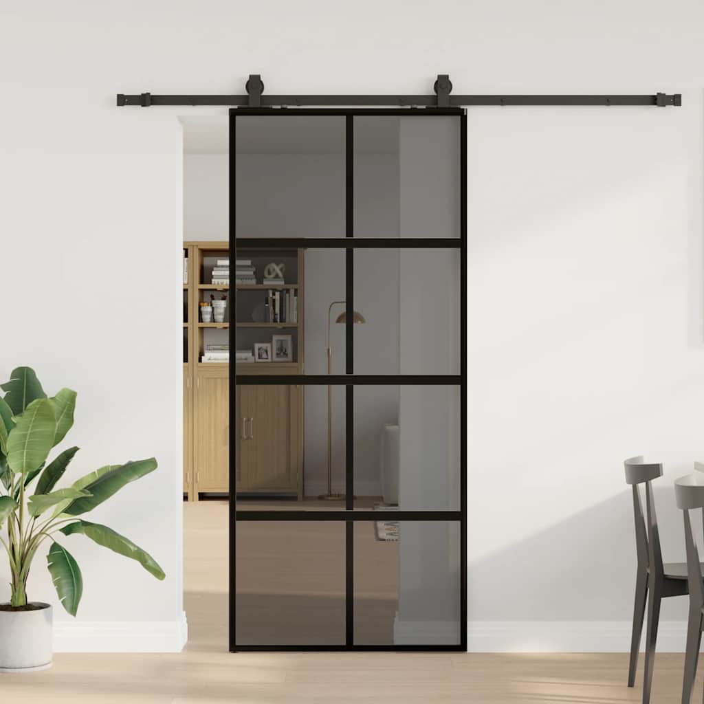 Schiebetür Mit Beschlag Schwarz 90X205 Cm Hartglas Schwarz Und Dunkel-Transparent
