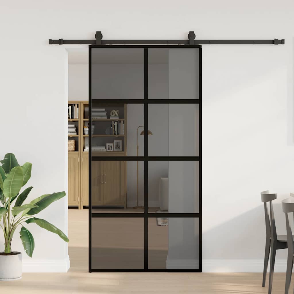 Schiebetür Mit Beschlag Schwarz 90X205 Cm Hartglas Schwarz Und Dunkel-Transparent
