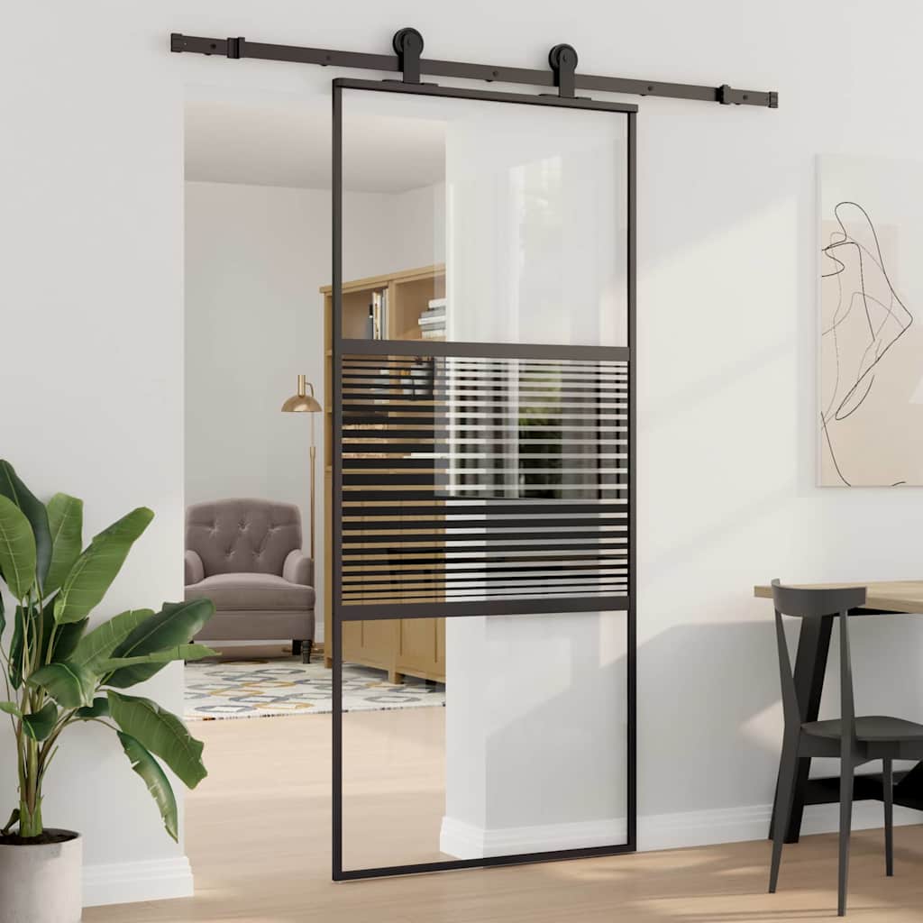 Schiebetür 3-Teilig Esg-Glas Und Aluminium Schwarz