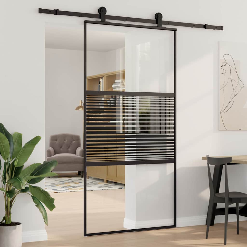 Schiebetür 3-Teilig Esg-Glas Und Aluminium Schwarz