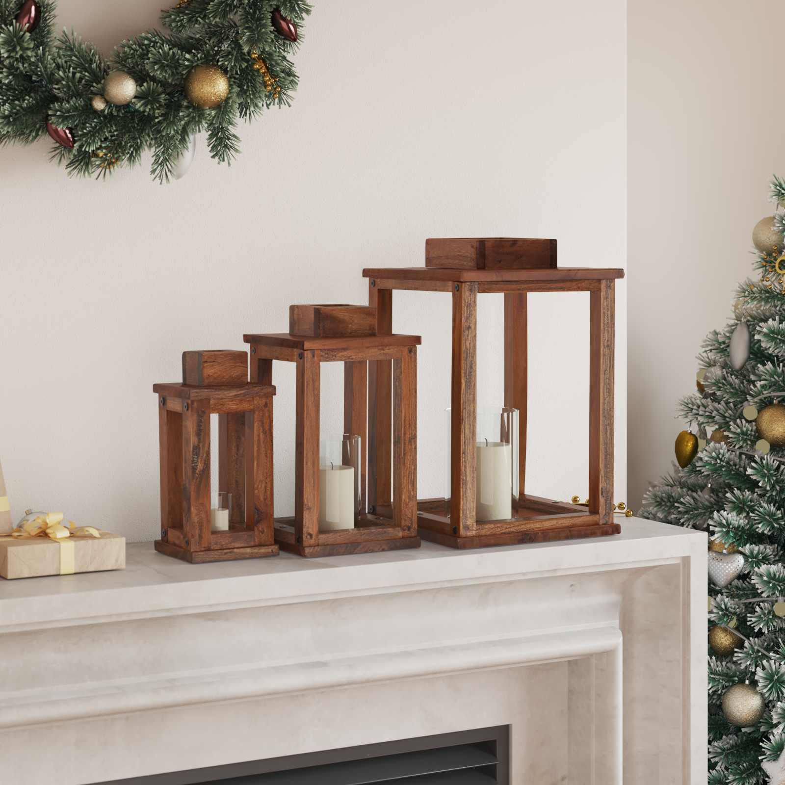 Laterne 3 Pcs Natur Mahagoni Holz
