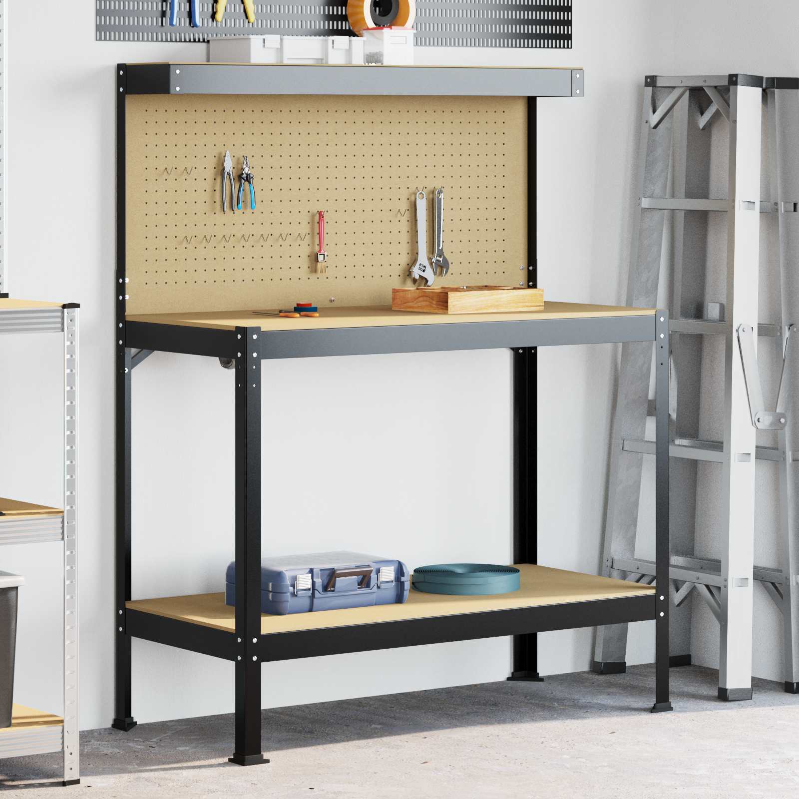 Werkbank Schwarz 114 X 54 X 91 Cm Sperrholz Und Metall
