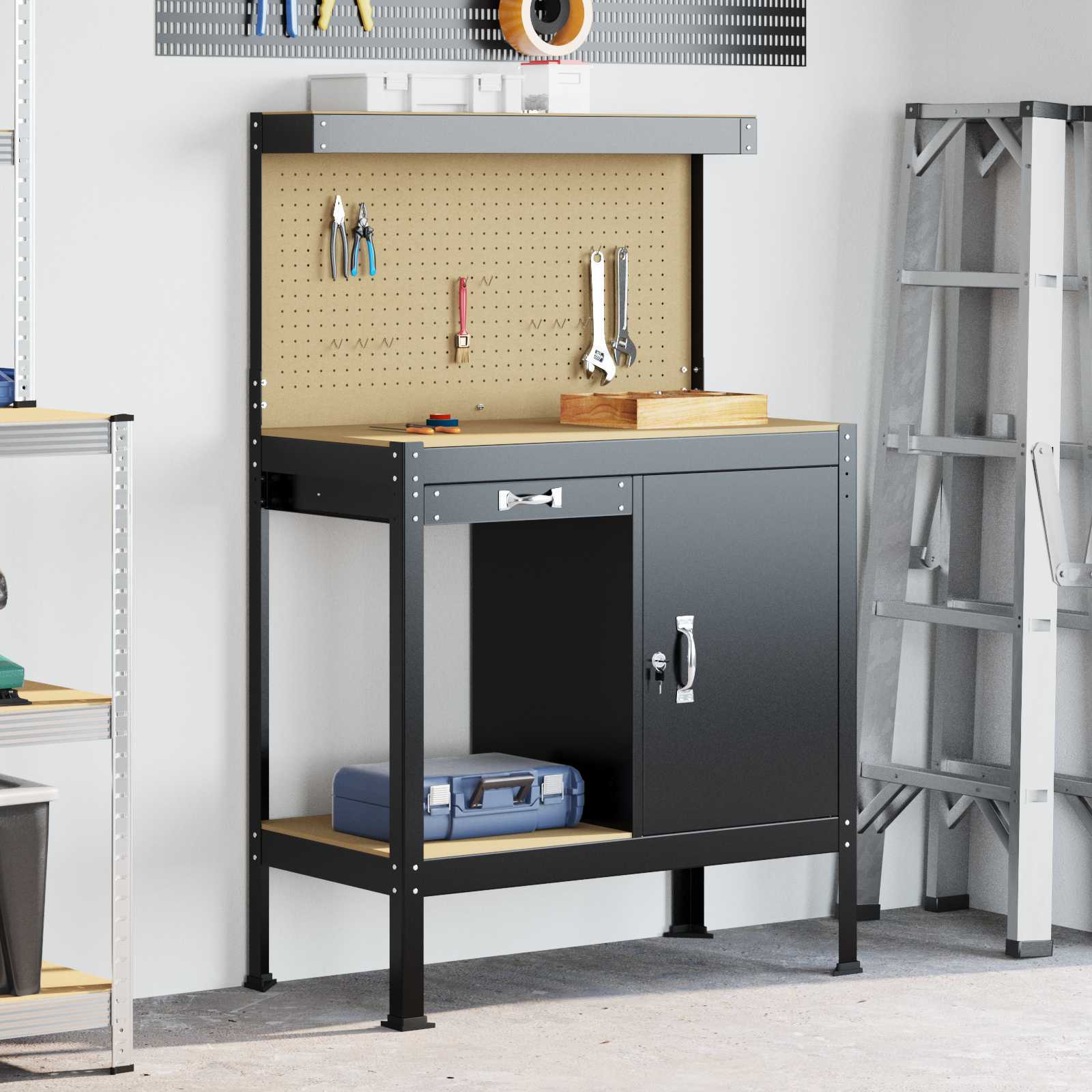 Werkbank Schwarz 114 X 54 X 91 Cm Sperrholz Und Metall