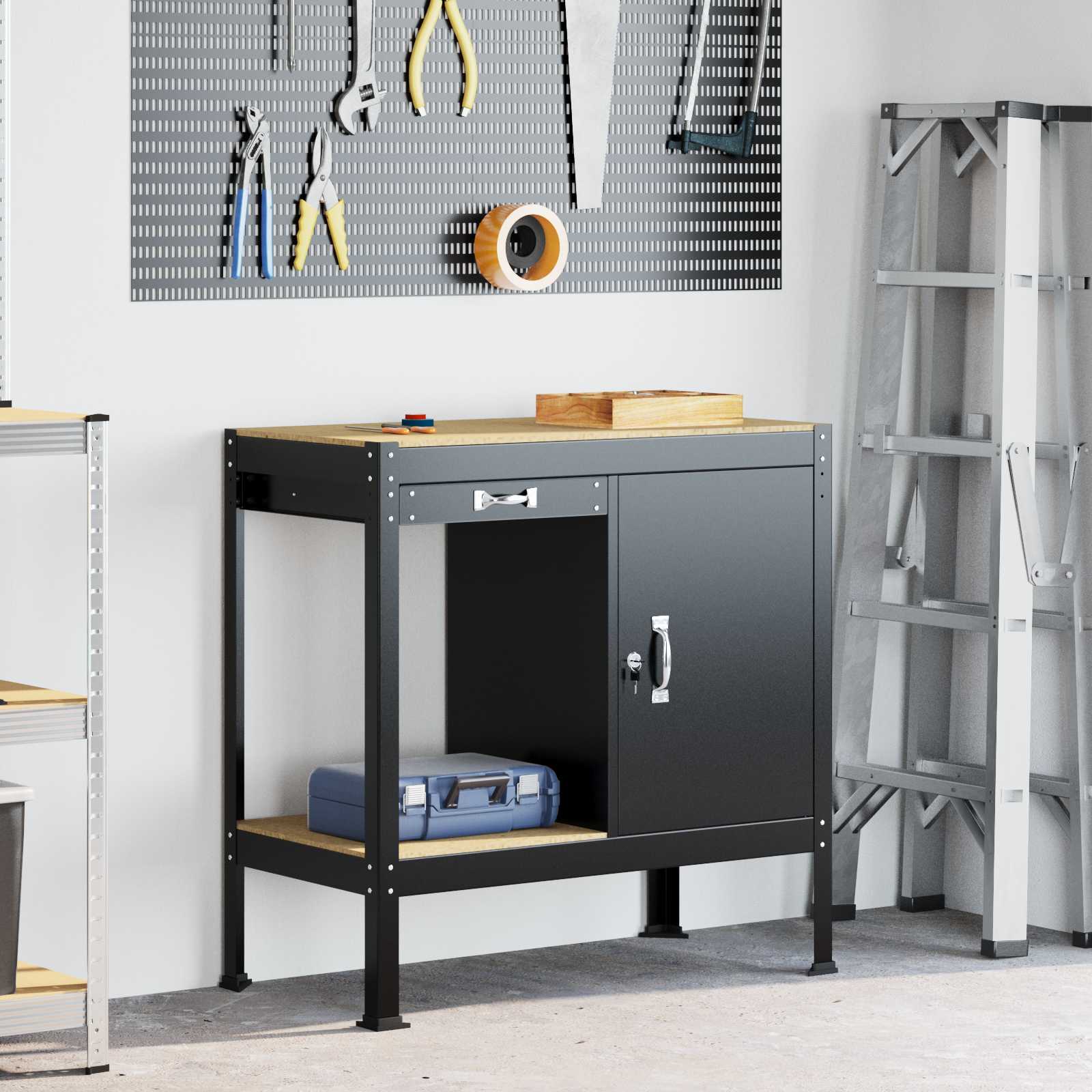Werkbank Schwarz 114 X 54 X 91 Cm Sperrholz Und Metall